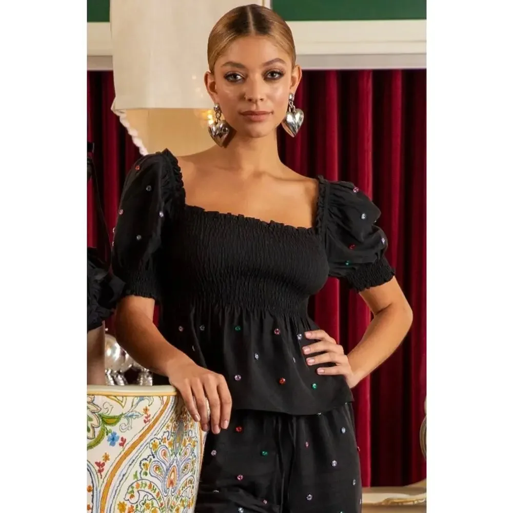 Hill House Home Jewel Jammie Puff Sleeve Smocked Peplum Blouse Top Black Small